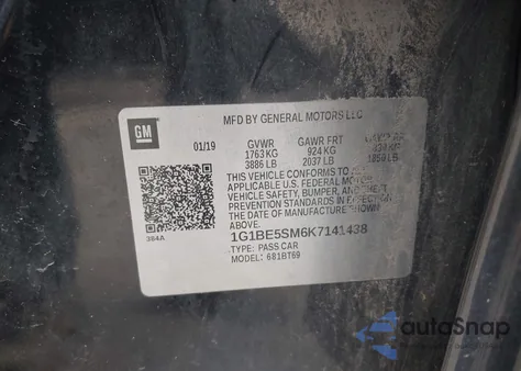 2019 Chevrolet Cruze Lt z USA, uszkodzony, nr VIN 1G1BE5SM6K7141438